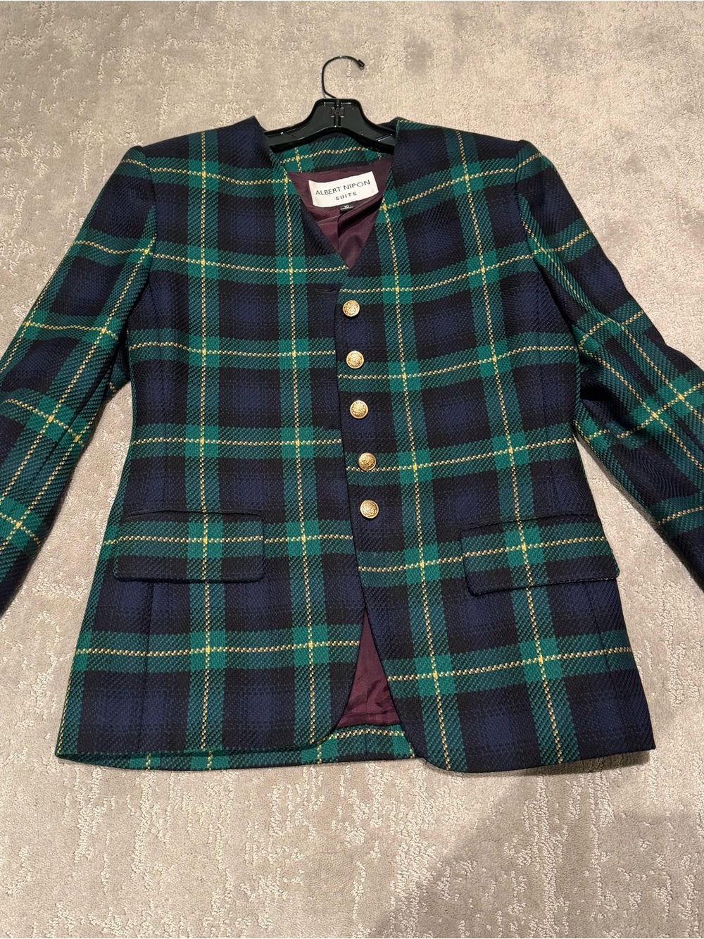 Albert Nipon Green, Navy & Yellow Plaid Blazer